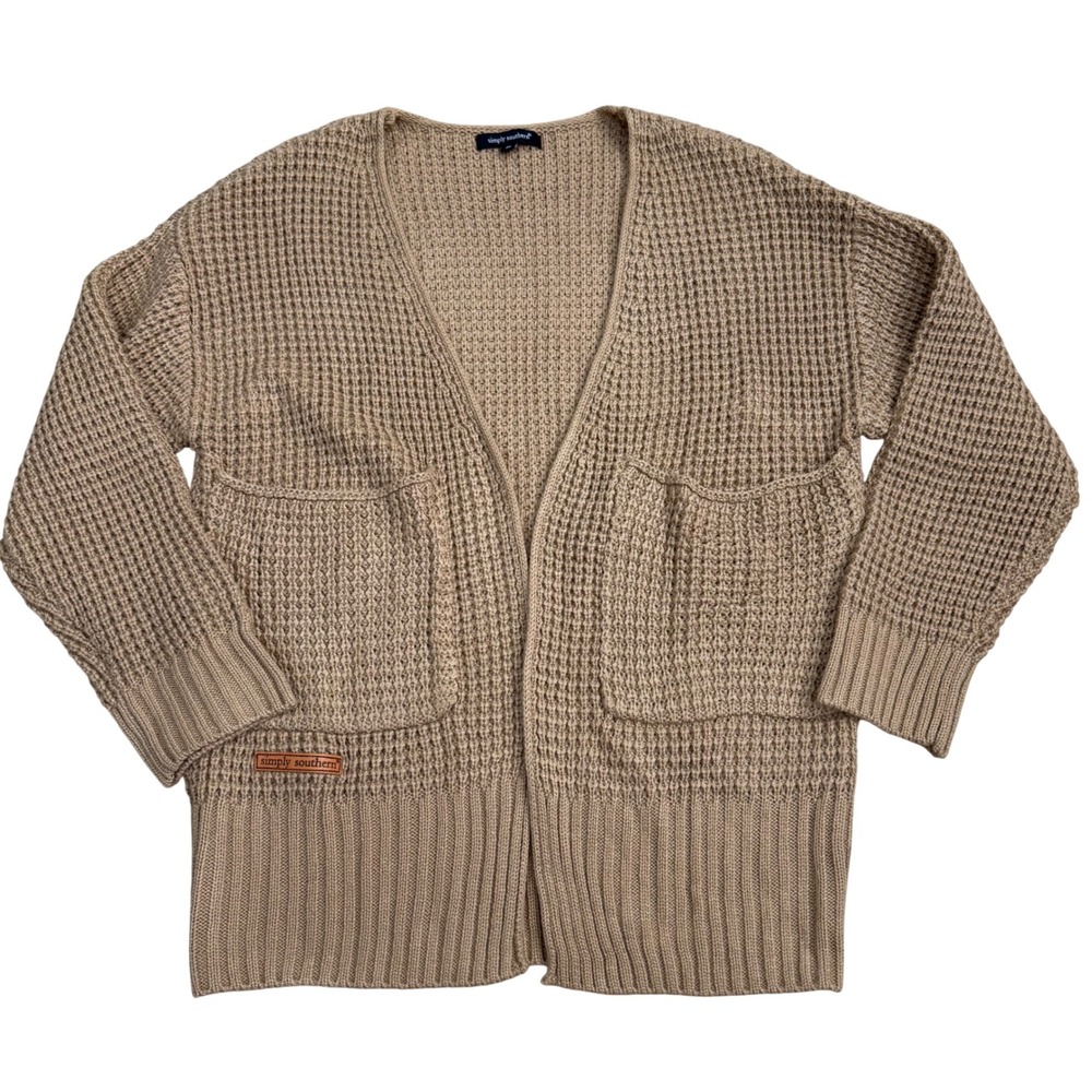 Simply Southern Waffle Knit Cardigan Women Small Tan Casual Cozy Boho